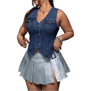 image:imageWomens Plus Size V Neck going out Denim Jacket Sleeveless Button Down Jean VestDark Wash
