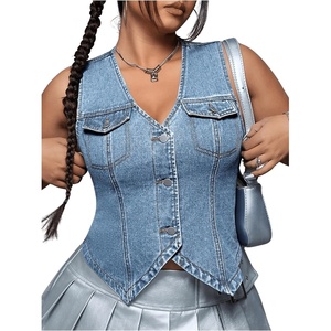 image:imageWomens Plus Size V Neck going out Denim Jacket Sleeveless Button Down Jean VestLight Blue