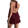 image:imageFloerns Women Backless Sleeveless Ruffle Bubble Hem Mesh Halter Mini DressBurgundy