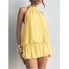 image:imageFloerns Women Backless Sleeveless Ruffle Bubble Hem Mesh Halter Mini DressButter Yellow Solid