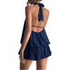 image:imageFloerns Women Backless Sleeveless Ruffle Bubble Hem Mesh Halter Mini DressDark Blue