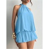 image:imageFloerns Women Backless Sleeveless Ruffle Bubble Hem Mesh Halter Mini DressLight Blue