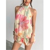 image:imageFloerns Women Backless Sleeveless Ruffle Bubble Hem Mesh Halter Mini DressLight Yellow