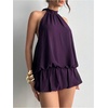 image:imageFloerns Women Backless Sleeveless Ruffle Bubble Hem Mesh Halter Mini DressPurple
