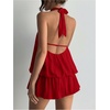 image:imageFloerns Women Backless Sleeveless Ruffle Bubble Hem Mesh Halter Mini DressRed