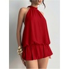 image:imageFloerns Women Backless Sleeveless Ruffle Bubble Hem Mesh Halter Mini DressRed