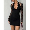 image:imageFloerns Womens Cut Out Lace Halter Neck Long Sleeve Night Out DressesBlack