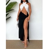 image:imageFloerns Womens Cut Out Sleeveless Halter Neck Twist Front Backless Dress Split Thigh Club Maxi DressesBlack and White