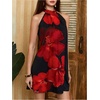 image:imageFloerns Womens Sleeveless Floral Sundress Halter Neck A Line Short DressBlack and Red