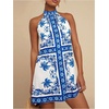 image:imageFloerns Womens Sleeveless Floral Sundress Halter Neck A Line Short DressBlue and White