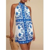 image:imageFloerns Womens Sleeveless Floral Sundress Halter Neck A Line Short DressBlue and White
