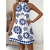 image:imageFloerns Womens Sleeveless Floral Sundress Halter Neck A Line Short DressLake Blue and White