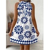 image:imageFloerns Womens Sleeveless Floral Sundress Halter Neck A Line Short DressLake Blue and White