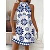image:imageFloerns Womens Sleeveless Floral Sundress Halter Neck A Line Short DressLake Blue and White
