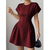 image:imageFloerns Womens Summer Short Dolman Sleeve A Line Dress Crew Neck Pleated Mini DressesBurgundy