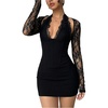 image:imageFloerns Womens Cut Out Lace Halter Neck Long Sleeve Night Out DressesBlack