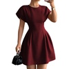 image:imageFloerns Womens Summer Short Dolman Sleeve A Line Dress Crew Neck Pleated Mini DressesBurgundy