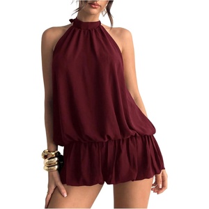 image:imageFloerns Women Backless Sleeveless Ruffle Bubble Hem Mesh Halter Mini DressBurgundy