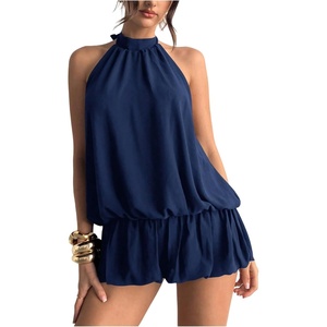 image:imageFloerns Women Backless Sleeveless Ruffle Bubble Hem Mesh Halter Mini DressDark Blue