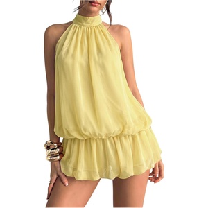 image:imageFloerns Women Backless Sleeveless Ruffle Bubble Hem Mesh Halter Mini DressLight Butter Yellow