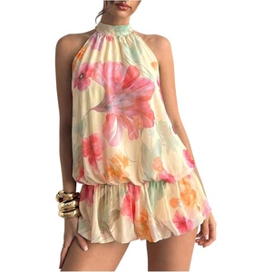 image:imageFloerns Women Backless Sleeveless Ruffle Bubble Hem Mesh Halter Mini DressLight Yellow