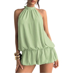 image:imageFloerns Women Backless Sleeveless Ruffle Bubble Hem Mesh Halter Mini DressMint Green