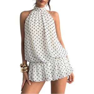 image:imageFloerns Women Backless Sleeveless Ruffle Bubble Hem Mesh Halter Mini DressWhite Polka Dots