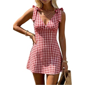 image:imageFloerns Women Summer Gingham Backless Bow Tie Casual Vacation Mini DressesRed Plaid