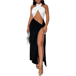 image:imageFloerns Womens Cut Out Sleeveless Halter Neck Twist Front Backless Dress Split Thigh Club Maxi DressesBlack and White