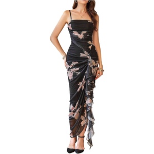 image:imageFloerns Womens Elegant Mesh Ruched Ruffle Wedding Guest Cocktail DressesBlack Floral