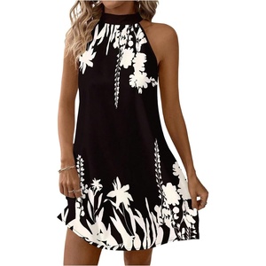 image:imageFloerns Womens Sleeveless Floral Sundress Halter Neck A Line Short DressDark Black and White