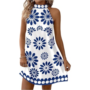 image:imageFloerns Womens Sleeveless Floral Sundress Halter Neck A Line Short DressLake Blue and White