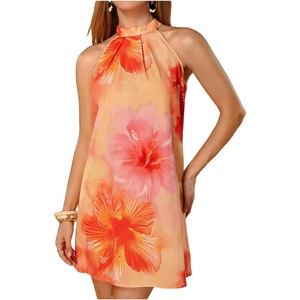 image:imageFloerns Womens Sleeveless Floral Sundress Halter Neck A Line Short DressOrange and Pink