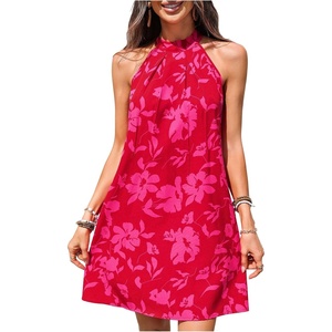 image:imageFloerns Womens Sleeveless Floral Sundress Halter Neck A Line Short DressPink and Red