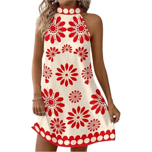 image:imageFloerns Womens Sleeveless Floral Sundress Halter Neck A Line Short DressRed and Beige
