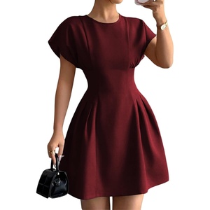 image:imageFloerns Womens Summer Short Dolman Sleeve A Line Dress Crew Neck Pleated Mini DressesBurgundy