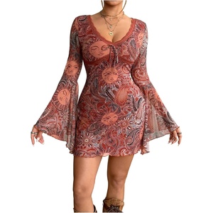 image:imageFloerns Womens Western Cowgirl Bell Sleeve Boho Country Floral Mini DressRed