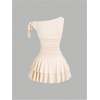 image:imageFloerns Womens Off The Shoulder Metal Floral Layered Hem Mini DressesApricot