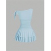 image:imageFloerns Womens Off The Shoulder Metal Floral Layered Hem Mini DressesLight Blue
