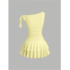 image:imageFloerns Womens Off The Shoulder Metal Floral Layered Hem Mini DressesPale Yellow