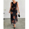 image:imageFloerns Womens Plus Size Floral Cowl Neck Long Dress Sleeveless Ruched A Line Wedding Guest DressesBlack