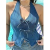 image:imageFloerns Womens Plus Size Going Out Denim Halter Tops Sleeveless Bowknot Slit Cute Tank TopLight Wash