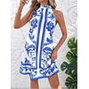 image:imageFloerns Womens Sleeveless Floral Sundress Halter Neck A Line Short DressDeep Blue and White