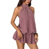 image:imageFloerns Womens Mesh Open Back Halter Dress Sleeveless Ruffle Going Out Mini DressesRed Plaid