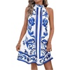 image:imageFloerns Womens Sleeveless Floral Sundress Halter Neck A Line Short DressDeep Blue and White
