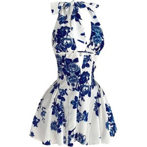 image:imageFloerns Women Cute Vintage Polka Dots V Neck Halter Backless Mini DressesBlue White Floral