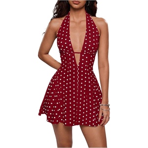image:imageFloerns Women Cute Vintage Polka Dots V Neck Halter Backless Mini DressesBurgundy Polka Dots