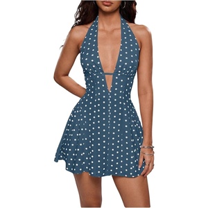 image:imageFloerns Women Cute Vintage Polka Dots V Neck Halter Backless Mini DressesDusty Blue Polka Dots