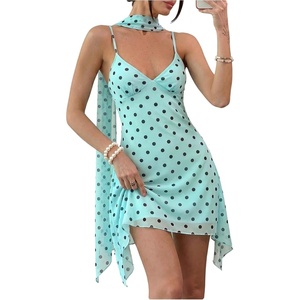 image:imageFloerns Women V Neck Spaghetti Strap Ruffle Mini A Line Dresses with ScarfGreen