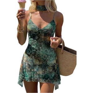 image:imageFloerns Women V Neck Spaghetti Strap Ruffle Mini A Line Dresses with ScarfGreen Pattern